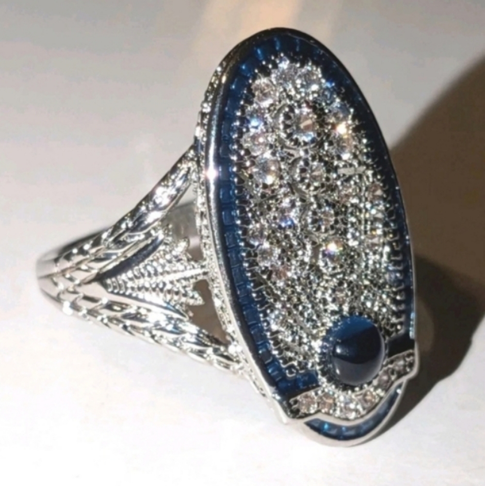 Art Deco Style Lab Created diamond Sapphire Wedding 14k White Gold Plated Sz 10 - Picture 5 of 15